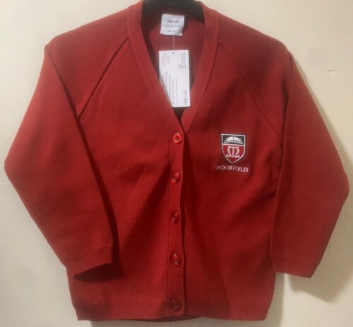 Red knitted cardigan with logo